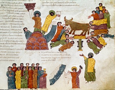 Exodus: “” the adoration of the golden calf””” Moses and the Tables of the Law. Miniature from a Mozarabic Bible. 10th century. Leon. Library of the Royal Collegiale of Saint Isidore. Spain 作者 西班牙语学校