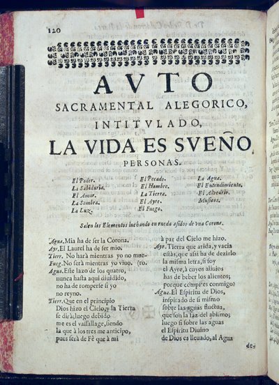 来自Los Autos Sacramentales的La Vida es Sueno的第一页由Pedro Calderon de la Barca（1600-81）编辑，由Juan Garcia Infanzon编辑，1690年（印刷纸） 作者 西班牙语学校