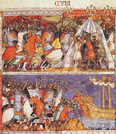 Fol.108r从法典Benito de Santa Mora入侵希腊营地并放火烧希腊船只的特洛伊木马 作者 西班牙语学校