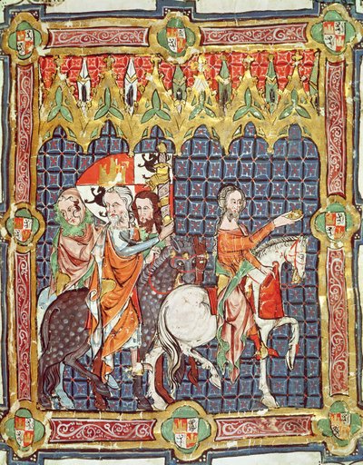 Fol.10r Alfonso VII（1105-57）和他的妻子，巴塞罗那的Berenguela，通过描绘阿拉贡国王和卡斯蒂利亚国王加冕仪式的手稿，与大主教会面 作者 西班牙语学校