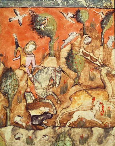 Fol.178v猎人追逐鹿，来自Codeito Benito Santa Mora 作者 西班牙语学校