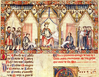 Fol.5r阿方索十世（1221-84）的宫廷，卡斯蒂利亚和莱昂的智者，来自Cantigas de Santa Maria的缩影 作者 西班牙语学校