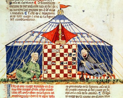 Fol.62v两名阿拉伯人在帐篷里下棋，来自游戏，国际象棋，骰子和委员会，1282 作者 西班牙语学校