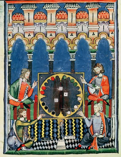 Fol.89v四个阿拉伯步步高玩家，来自游戏，国际象棋，骰子和棋盘，1282 作者 西班牙语学校