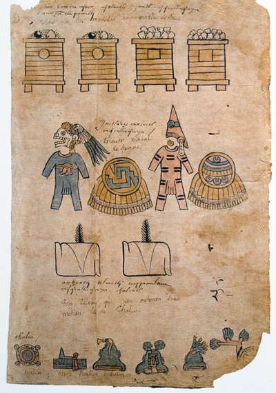来自Codex Mendoza的Folio 45页，其中包含被征服人民向阿兹特克帝国致敬的插图，c.1541-42 作者 西班牙语学校