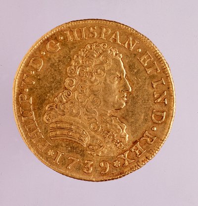 来自西班牙的金币 (8 ecu)：菲利普 (Filippo 或 Philippe) V (1700-1746) 统治时期。 1739 直径 3.6 厘米那不勒斯，考古博物馆 作者 西班牙语学校