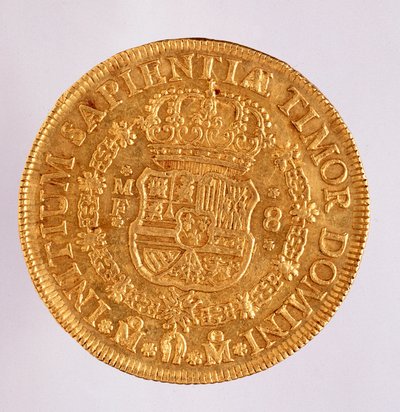 来自西班牙的金币（8 ecu）：菲利普（Filippo 或 Philippe）五世统治时期（1700-1746 年）。 1739 直径 3.6 厘米那不勒斯，考古博物馆 作者 西班牙语学校