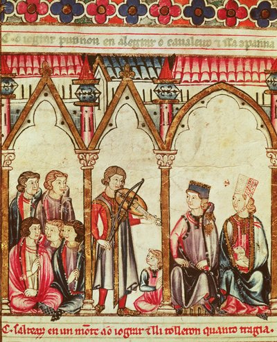 一群Troubadours，来自Cantigas de Santa Maria的插图，在Alfonso X（智者）卡斯蒂利亚和莱昂国王（1221-84）的指导下制作（另见56625） 作者 西班牙语学校