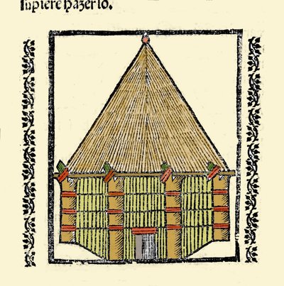 栖息地：Cabane des Indigenes Caraibes 的描述。 来自 Gonzalo Fernandez de Oviedo (Gonzalo) 或 Fernandez de, ou Hernandez de Oviedo y Valdes (1478-1557) 作者 西班牙语学校