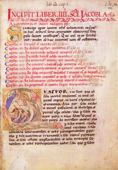 历史上最初的&39;Q&39;描绘了三条龙，即“Codex Calixtinus”中的朝圣者圣彼得堡指南的第一页 作者 西班牙语学校