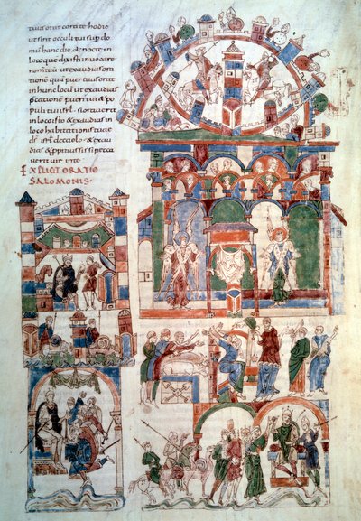 所罗门的历史：““所罗门王接受贡品””页（fol. 129 v;）取自 11 世纪在西班牙制作的“”The Bible of Roda”（man. lat. 6）。 巴黎，B.N. 作者 西班牙语学校