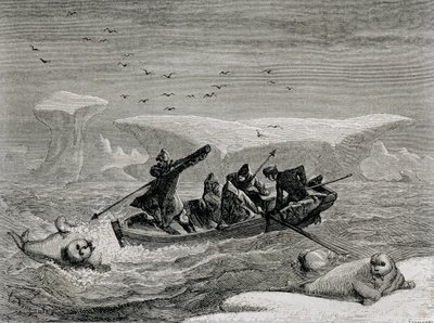 斯瓦尔巴德群岛斯匹次卑尔根群岛狩猎海象与鱼叉，1865年“回归世界”的插图 作者 西班牙语学校