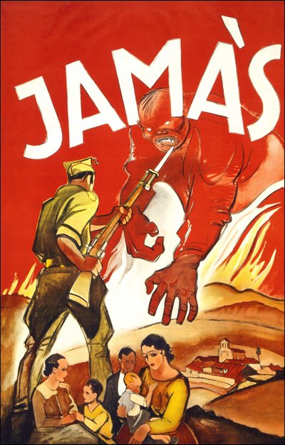Jamàs（"永不"），西班牙战争期间出版的海报，展示了一个保护西班牙家庭的士兵。1936年至1939年间。 作者 西班牙语学校