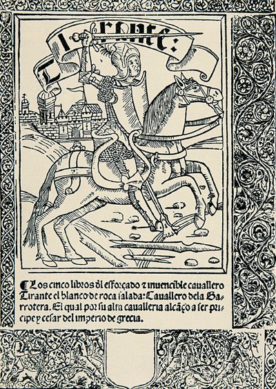 骑士在他的坐骑上，Joanot MARTORELL (1413-1468) 西班牙作品《Tirant lo Blanc》的卷首 作者 西班牙语学校