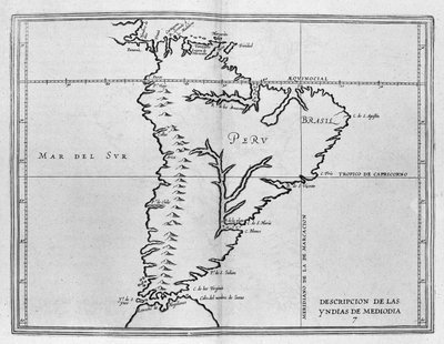 Meridionale America（南美洲或拉丁美洲）地图，来自 17 世纪初的西班牙旅行卷。 太平洋被称为南海，秘鲁和巴西国家以及赤道线和 作者 西班牙语学校
