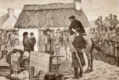 在爱尔兰全国土地联盟危机期间，贫穷的佃户被赶出家门，选自 1881 年的《西班牙和美国画报》（石版）。 作者 西班牙语学校