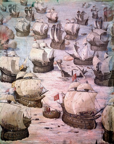 1582年西班牙国王菲利普二世（1527-1598年）远征阿科雷群岛期间的西班牙大帆船帆船赛。16世纪的壁画。马德里埃斯科里亚尔宫的战斗大厅。 作者 西班牙语学校