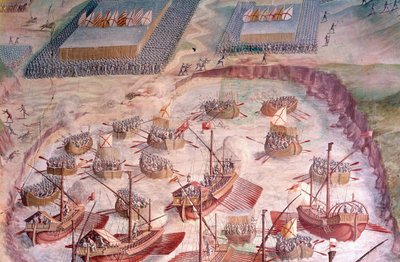 Regatta of Spanish galleons during an expedition to the Acores in 1582 under Philip II (1527-1598), King of Spain. 16th century fresco. Hall of Battles, Palace of the Escorial, Madrid. 作者 西班牙语学校