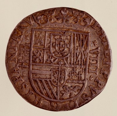 Silver coin (8 reales) from Spain: reign of Philip (Filippo or Philippe) II (1556-1598). 1589 Diam. 3,5 cm Naples, museo archeologico 作者 西班牙语学校