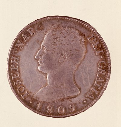来自西班牙的银币（douro 或 piastra）：约瑟夫·拿破仑 (Joseph Napoleon) 统治时期 (1808-1813)。 直径 1809 年 4 厘米那不勒斯，考古博物馆 作者 西班牙语学校