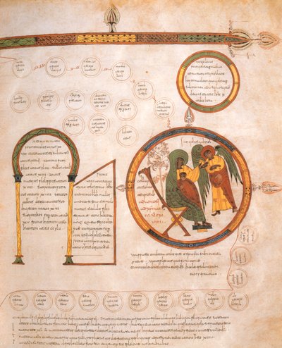 玛利亚的天使报喜和耶稣的家谱，来自圣伊西多尔的Visigothic-Mozarabic圣经，公元960年，第960页（牛皮纸上的蛋彩画） 作者 Spanish School