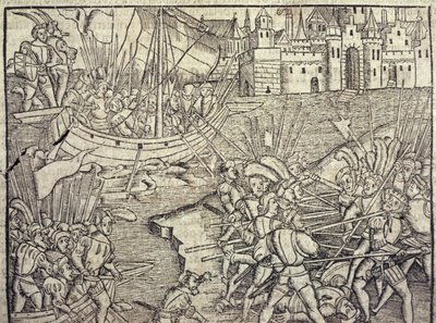 征服秘鲁，插图来自弗朗西斯科·洛佩斯·德·戈马拉（Francisco Lopez de Gomara，生于 1510 年）1554 年的《印度和新世界通史》（版画） 作者 西班牙语学校