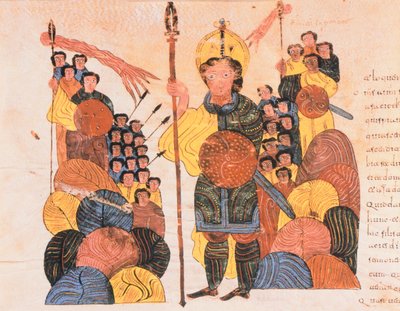 击败歌利亚，来自圣伊西多尔的Visigothic-Mozarabic圣经，第118卷，公元960年（牛皮纸上的蛋彩画） 作者 西班牙语学校