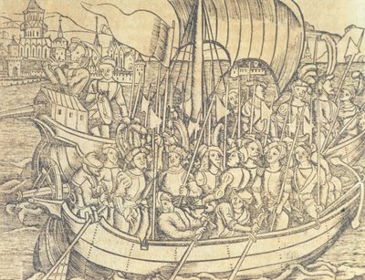 克里斯索弗·哥伦布（Chrisopher Columbus，1450-1596 年）《新大陆的发现》插图来自弗朗西斯科·洛佩兹·德·戈马拉（Francisco Lopez de Gomara，生于 1510 年）1554 年《印度群岛和新世界通史》（雕刻） 作者 西班牙语学校
