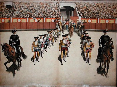 Toreadors和他们的四重奏进入竞技场，约1885年（彩色平版印刷）。 作者 西班牙语学校