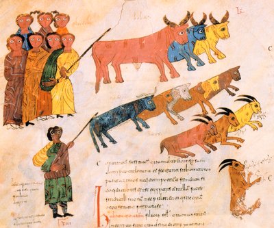 希伯来人带着他们的牲畜离开埃及，来自St. Isidores的Visigothic-Mozarabic Bible，第38卷，公元960年（牛皮纸上的蛋彩画） 作者 西班牙语学校