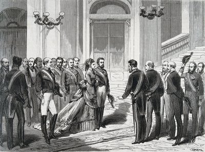 1871 年 3 月 19 日，西班牙国王阿梅迪一世 (Amedeo Ferdinando Maria di Savoia) (1845-1890) 和他的妻子玛丽王后胜利·达尔·波佐·德拉·西斯特纳 (1847-1876) 抵达马德里皇宫。 雕刻自 ""La Ilustracion Espanola y America 作者 西班牙语学校