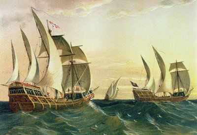 1492 年，《发现美洲》中的“平塔”号、“尼娜”号和“圣玛丽亚”号驶向西印度群岛 作者 西班牙语学校
