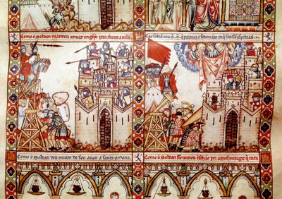 撒拉逊人围攻基督教城市 从圣玛丽之歌 (Cantigas de Santa Maria) 手稿中的一页细节，装饰献给圣玛丽和她的奇迹的微缩模型，在阿尔丰斯的统治下重新制作的歌曲集 作者 西班牙语学校