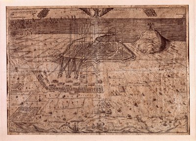 解除加泰罗尼亚或收割者战争（1640-1659），西班牙菲利普四世的军队（1605-1665）海上和陆地的巴塞罗那总部。 雕刻 1652 年。巴塞罗那城市历史博物馆。 作者 西班牙语学校
