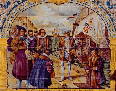 瓷砖描绘西班牙国王查理一世准备从拉科鲁尼亚港口1520年开始接受他当选为神圣罗马帝国皇帝（陶瓷） 作者 西班牙语学校