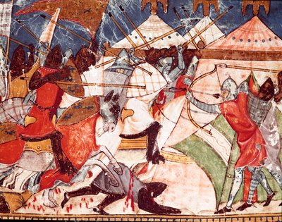 特洛伊战争：特洛伊人入侵希腊勇士的军营。 西班牙手稿“Codex Benito de Santa Mora”的缩影细节 作者 西班牙语学校
