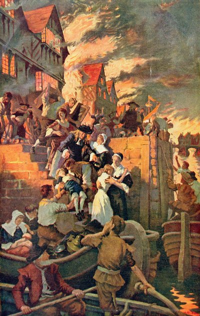 1666年的伦敦大火，来自哈钦森《英国国家的故事》的插图，约1920年（彩色平印）。 作者 斯坦霍普·亚历山大·福布斯