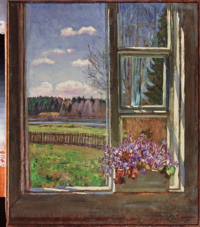 窗前的紫罗兰Stanislav Yulianovich Zhukovsky（茹科夫斯基）（1873-1944 年）的画作，1931 年布面油画。俄罗斯艺术，20 世纪，现代艺术。第聂伯罗彼得罗夫斯克国家艺术博物馆（乌克兰）。 作者 斯坦尼斯拉夫·朱利安诺维奇·茹科夫斯基