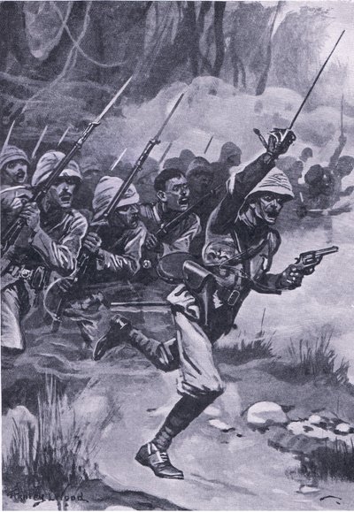 英国1874年1月31日在Amoaful指控Ashantis，1915年英国陆地和海上战役的插图 作者 斯坦利·伍德