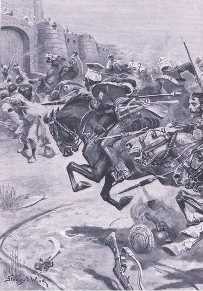 第16位枪骑兵和Skinners Horse驾驶Jats进入Bharatpur; 1825年12月，1915年英国陆地和海上战役的插图 作者 斯坦利·伍德