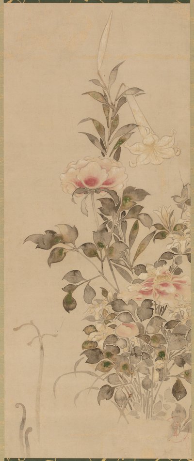 牡丹和百合，桃山或江户时期，1568-1615。 作者 宗达