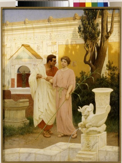 问与答（古罗马宫殿花园中一对夫妇之间的对话） - Stepan (Stefan) Vladislavovich Bakalowicz (1857-1947) 的绘画，布面油画 作者 Stefan Vladislavovich Bakalowicz
