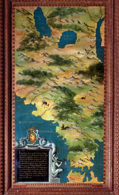 智利和麦哲伦底特律卡由Stefano Bonsignori（？ -1589）意大利宇宙学家和画家制作。1581年左右。佛罗伦萨，韦基奥宫，Mappamondo厅 作者 斯特凡诺·布翁西诺里