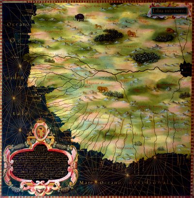 西非海岸地图（利比亚、几内亚、塞拉利昂、塞内加尔），Stefano Bonsignori (Buonsignori) (d. 1589) 1581 年绘制了地理地图室的橱柜。 Palazzo Vecchio, Sala del Mappamondo 佛罗伦萨 作者 斯特凡诺·布翁西诺里