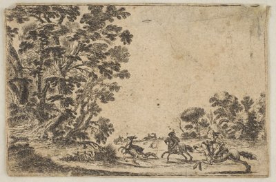 图版4：猎鹿，两个骑手在三条狗和......后面向右奔跑，1642年之后。创作人：Stefano della Bella, 未知。 作者 斯蒂法诺·德拉·贝拉