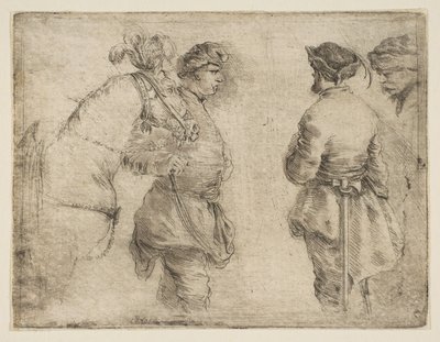 一根杆子the着马，与另外两个人交谈，ca。 1662。 作者 斯蒂法诺·德拉·贝拉