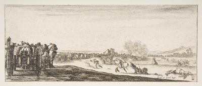 左边是一队马拉的炮车，骑兵在战斗中，还有一个死了的豪......，约1641年。 作者 斯蒂法诺·德拉·贝拉