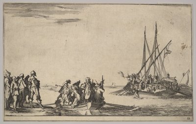 1639年，一艘划艇在中心的人满座，一群人站在岸边，一艘船上满是……。 作者 斯蒂法诺·德拉·贝拉