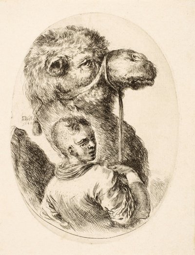牵着骆驼缰绳的男孩，选自《Plusieurs Têtes Coiffées à la Persienne》，约 1650 年出版（版画）。 作者 斯蒂法诺·德拉·贝拉
