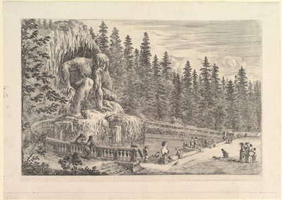 詹博洛尼亚（Giambologna）留下的巨大Appenino雕像，左为巨大的蛋糕……。 1653。 作者 斯蒂法诺·德拉·贝拉